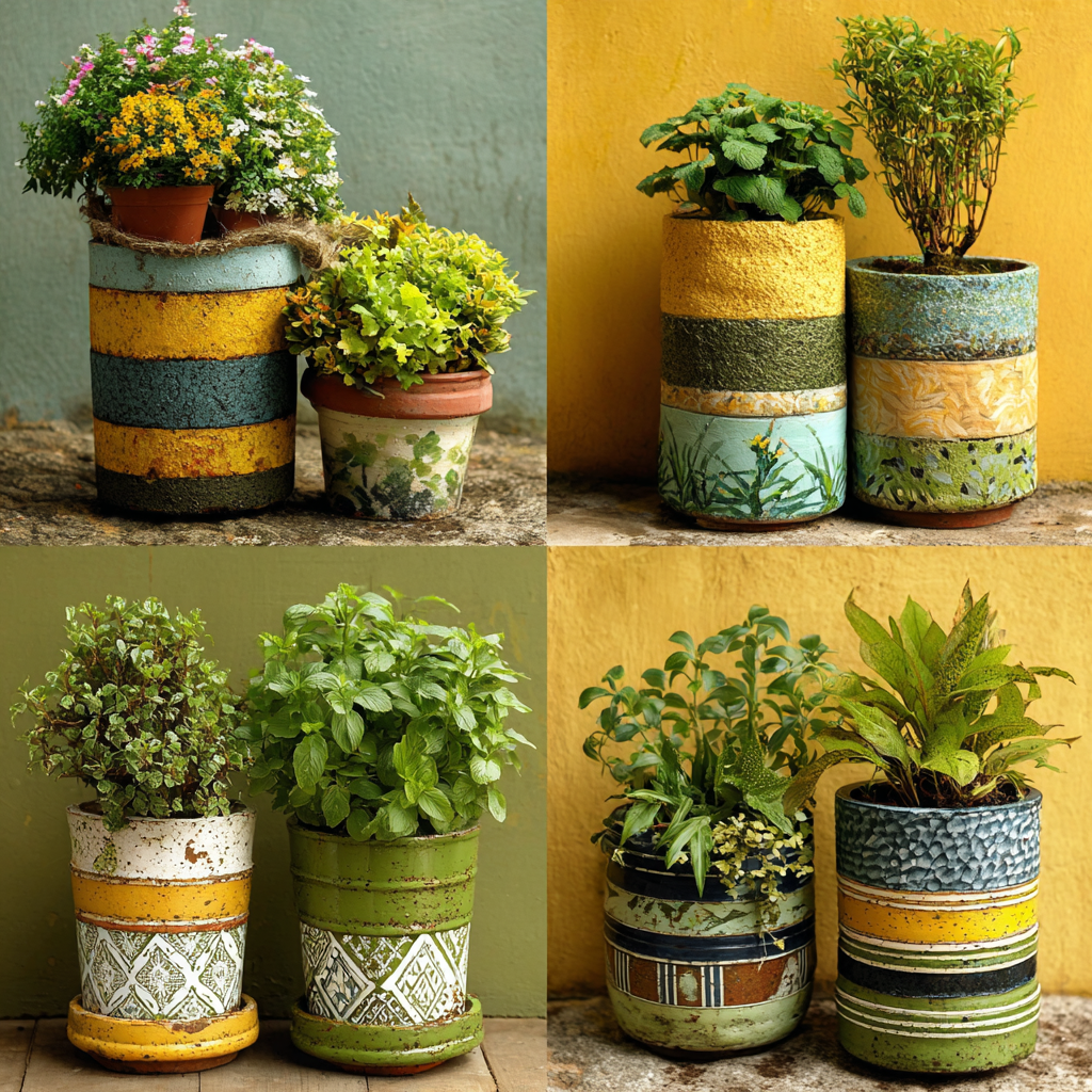 Maceteros DIY hechos con materiales reciclados decorando un jardín en primavera, con flores coloridas y diseños creativos para exterior.