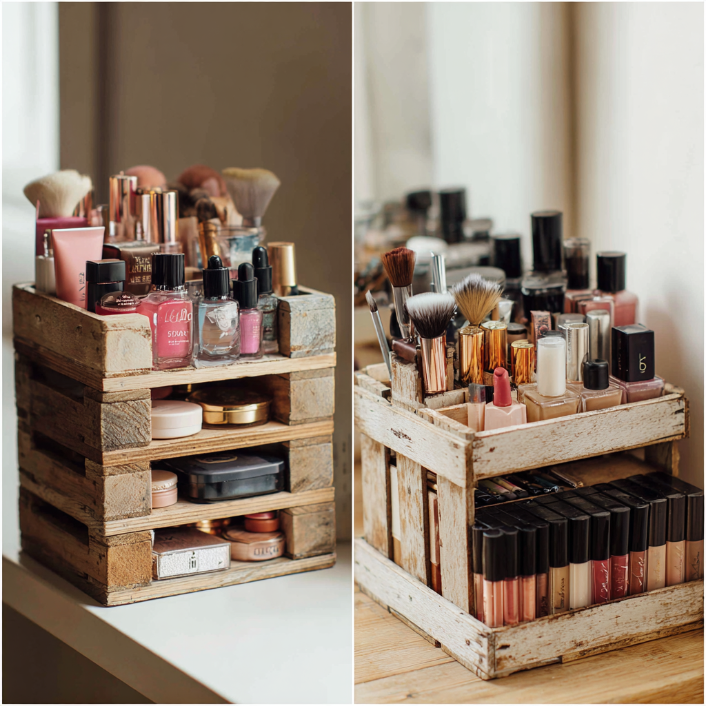 Organizador de maquillaje DIY hecho con cajas recicladas decoradas, ideal para mantener cosméticos ordenados con estilo económico.