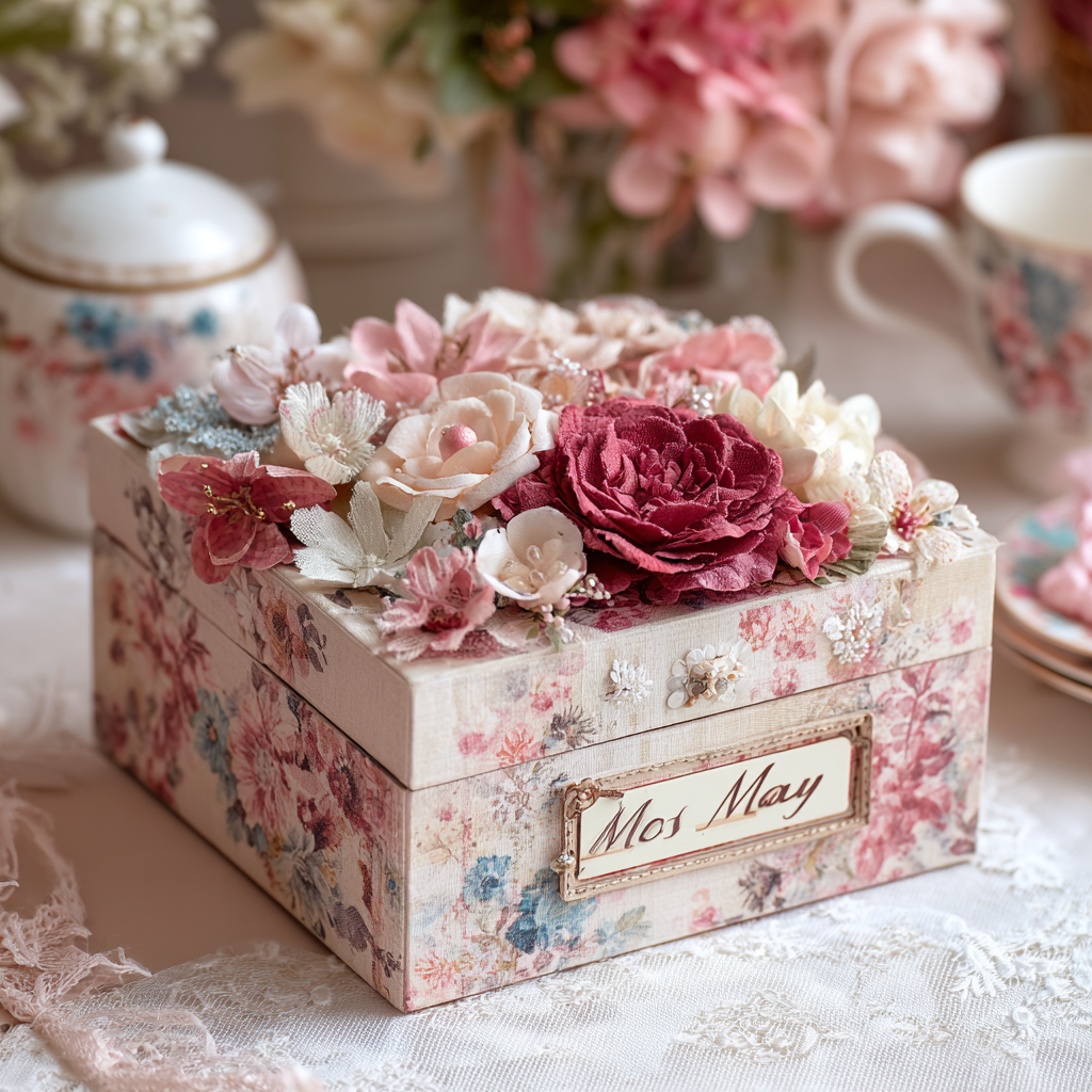 Caja de recuerdos decorada a mano con flores y cintas, perfecta como regalo personalizado para el Día de la Madre.