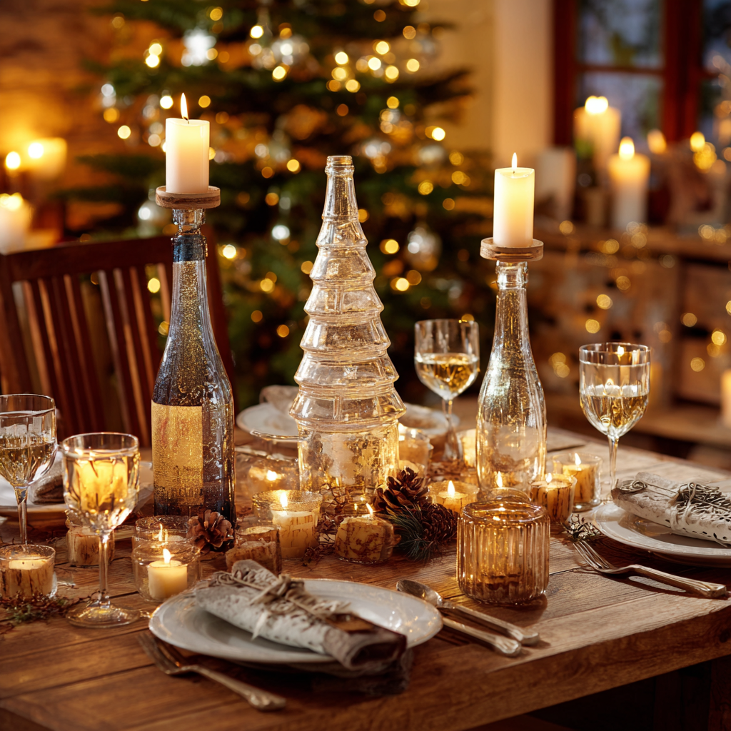 Centro de mesa navideño con candelabros de botellas recicladas pintadas, adornado con ramas de pino y velas para una decoración sostenible y elegante.