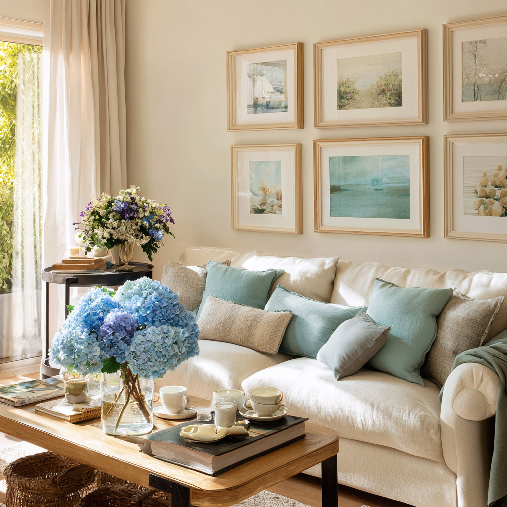 Cuadros decorativos colgados en pared con adhesivos sin taladrar, mostrando una forma fácil y elegante de decorar el hogar.