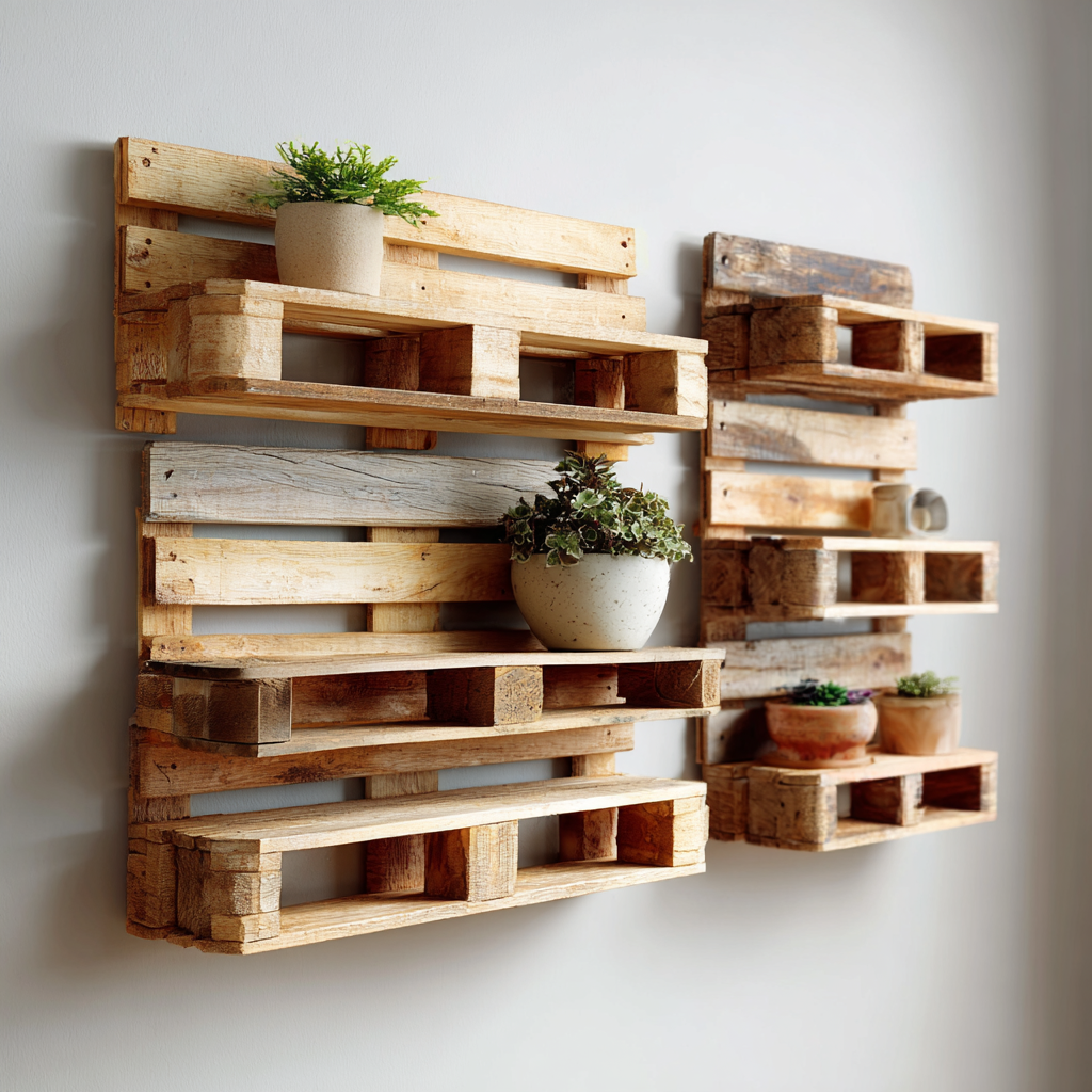 Estantería de pared hecha con palets reciclados, decorada y montada como proyecto DIY rústico y funcional.