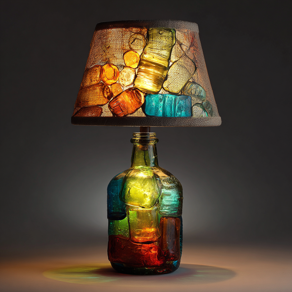 Lámpara artesanal hecha con botellas de vidrio recicladas, iluminando con un diseño creativo y sostenible para el hogar.