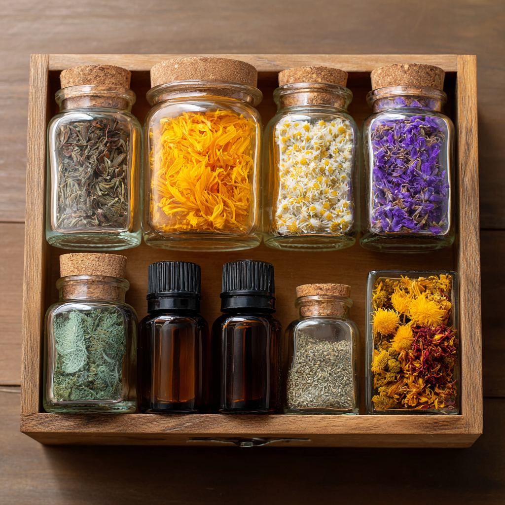 Kit de aromaterapia casero con frascos de vidrio, sales aromáticas y aceites esenciales naturales para relajación y bienestar.
