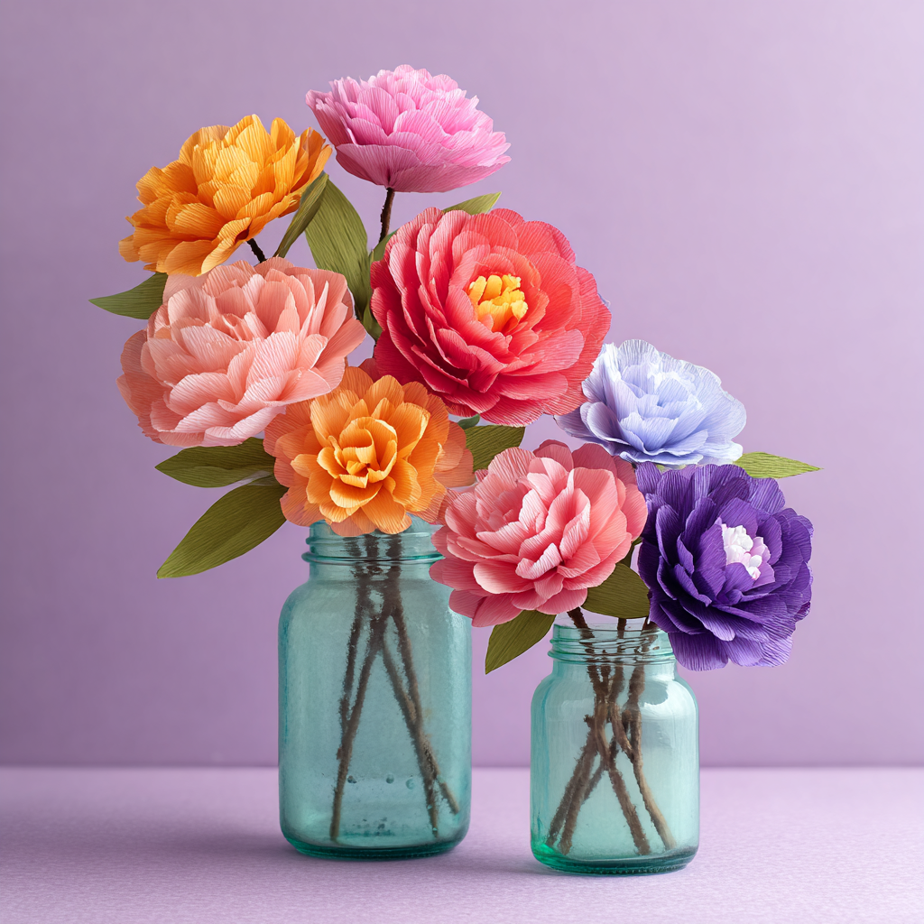 Ramo de flores de papel de colores vivos en jarrón de cristal personalizado como regalo hecho a mano para el Día de la Madre.