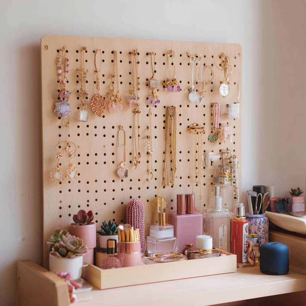 Organizador de joyas casero hecho con tablero perforado, con collares, pulseras y pendientes colgados de forma ordenada y decorativa.
