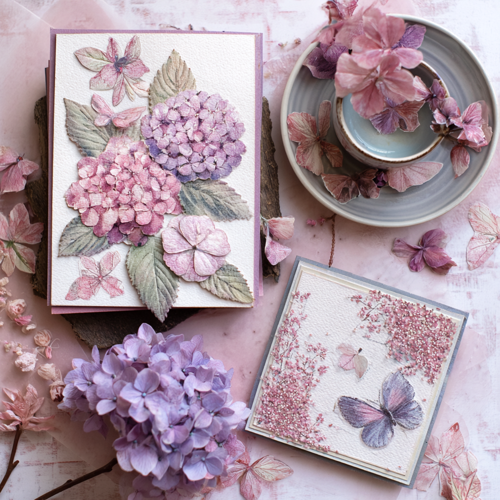 Tarjeta personalizada hecha a mano con técnica scrapbooking, decorada con papeles de colores, cintas y adornos creativos