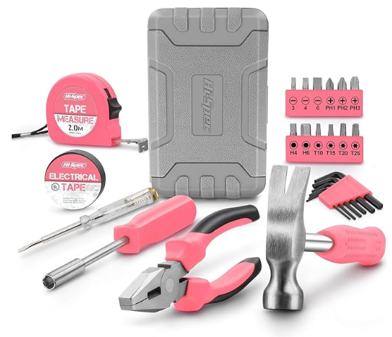 Juego de herramientas Hi-Spec rosa para bricolaje femenino con 24 piezas esenciales en caja compacta